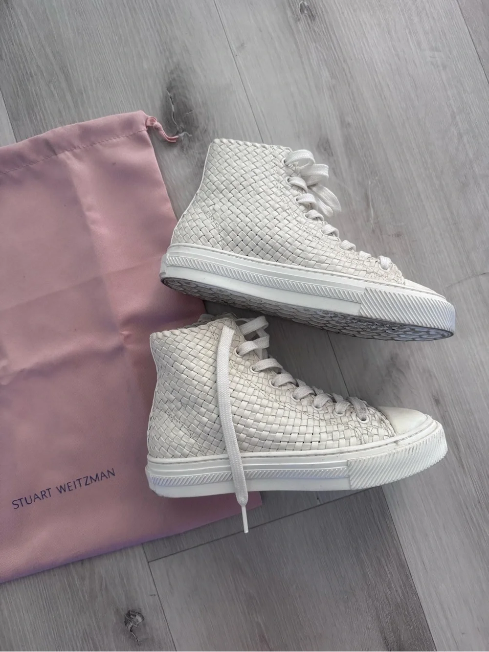 Stuart Weitzman white Woven High-Top Sneakers. Size 5. Worn once